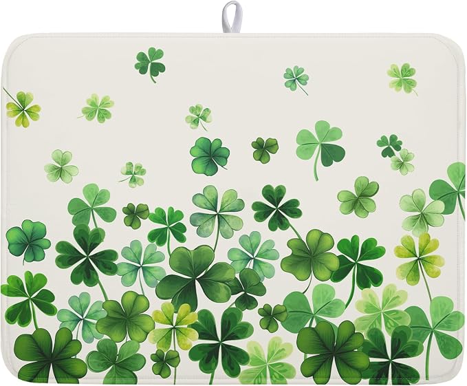 Happy St. Patrick's Day Dish Drying Mat for Kitchen Green Kitchen Dish Drying Mat for Dishes Spring Lucky Clover Shamrock Drying Mats 18x24 Inch Absorbent Reversible Dish Pad for Countertop Coffee Bar