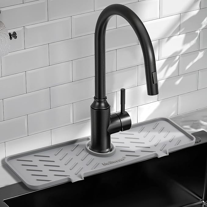 Silicone Faucet Mat for Kitchen Sink – Gen 2 Splash Guard with Upgraded Outlet & Slope – 18” x 5.1” Water Catcher & Sink Sponge Holder for Kitchen and Bathroom (Gray)