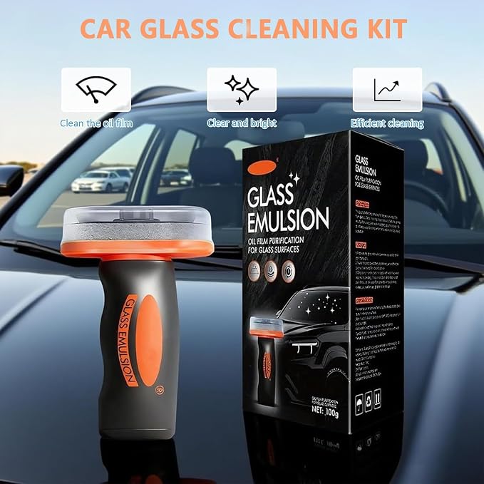 2pcs Car Glass Oil Film Remover,Glass Emulsion Cleaner,Roll-On Glass Compound with Cleaning Board,Restores Windshield Clarity for Safe Driving(2 pcs)