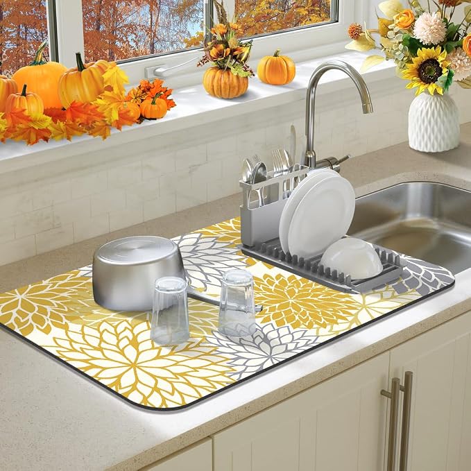 Findosom 2PCS 12" x 20" Fall Dish Drying Mat & 24" x 5.5" Sink Splash Guard, Super Absorbent & Cuttable Dish Mat Drying Kitchen Mat with Yellow Floral, Hide Stain Drying Mat for Kitchen Counter