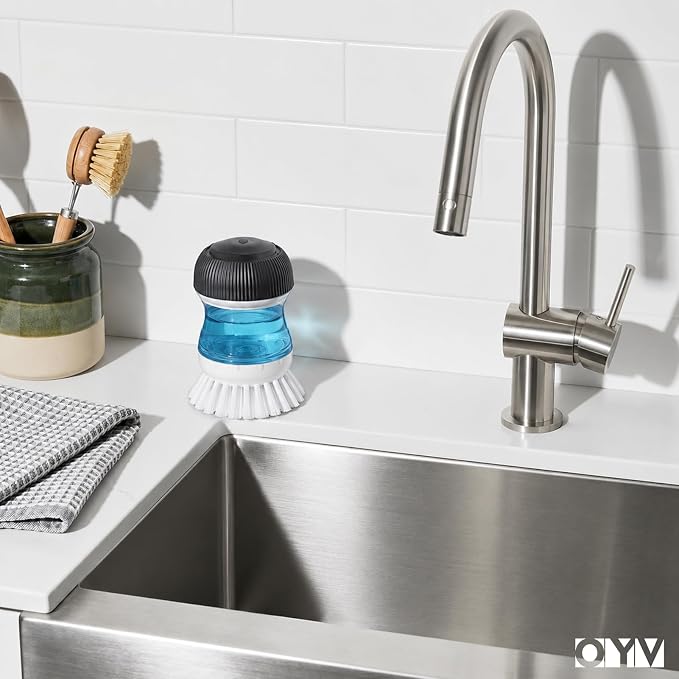 OYV Dish Scrub Brush with Soap Dispenser, Kitchen Brush for Dish Pot Pan Sink Cleaning, 1 Piece Soap Dispensing Palm Brush, Black/Clear/White