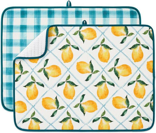 FRESHMINT Printed Dish Drying Mats for Kitchen Counter 2 Pack Absorbent Reversible Drying Mats Microfiber Kitchen Countertop Protector Dishes Drying Pad Extra Large 18"x24" Dish Mat