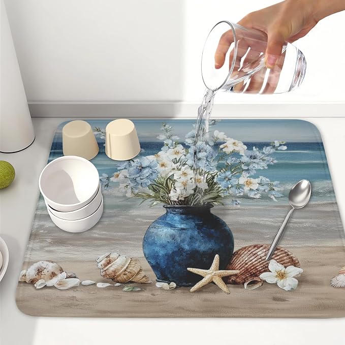 Summer Beach Dish Drying Mat for Kitchen Counter Nautical Coastal Blue Ocean Vase Floral Seashells Microfiber Dish Drainer Mat Absorbent Washable Drying Pad 16"x18"