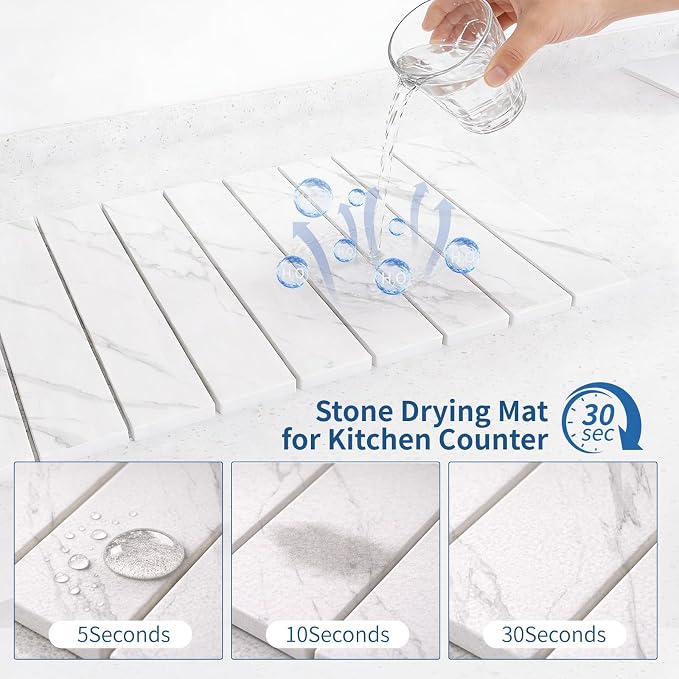 Hopegiver Stone Drying Mat for Kitchen Counter, 24" x 16" Quick Dry Diatomaceous Earth Dish Drying Mat, Super Absorbent, Non-Slip & Foldable, Modern Marble Countertop Mat (Marble,24''x16'')