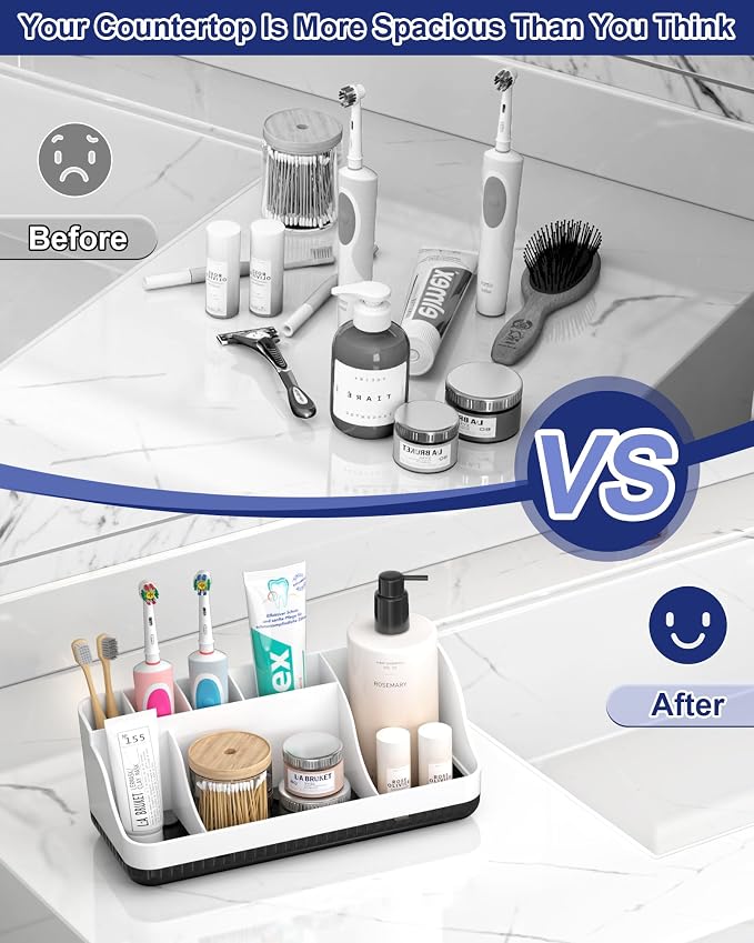 Bathroom Counter Organizer and Storage, 7 Slots Detachable Toothbrush Holders for Bathrooms, Anti-Slip Electric Toothbrush and Toothpaste Holder Countertop Vanity Organizer Accessories for Adults Kids