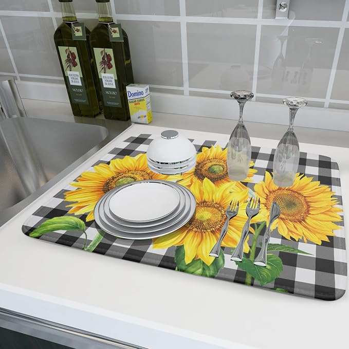 Sunflower Dish Drying Mat for Kitchen Counter Black White Buffalo Plaid Microfiber Absorbent Dish Draining Reusable Washable Foldable Extra Large 18"x24"