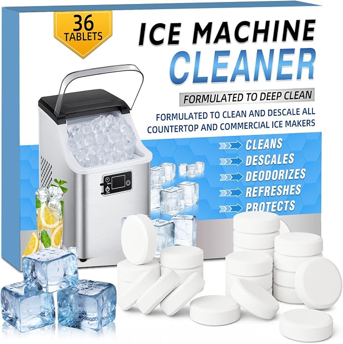 Bellisinno Ice Machine Cleaner Tablets, 36 Pack Countertop Ice Maker Cleaner, Nickel Safe Scale Remover for Countertop, Helps Remove Hard Water and Mineral Buildup