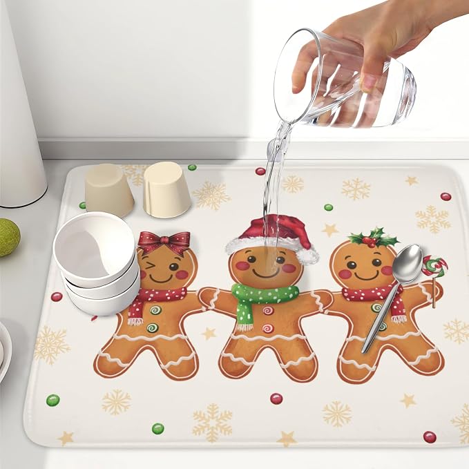 Christmas Gingerbread Man Dish Drying Mat for Kitchen Counter Xmas Gold Snowflake Dish Drainer Mat Rustic Farmhouse Winter Holiday Absorbent Washable Drying Pad 18"x24"
