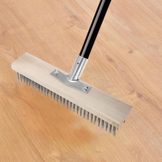 Heavy Duty Outdoor Scrub Brush with Stainless Steel Wire Bristles, 30cm Floor Scrubber Brush with Long Wooden Handle for Moss Removal and Hard Surface Cleaning on Patio, Garage,