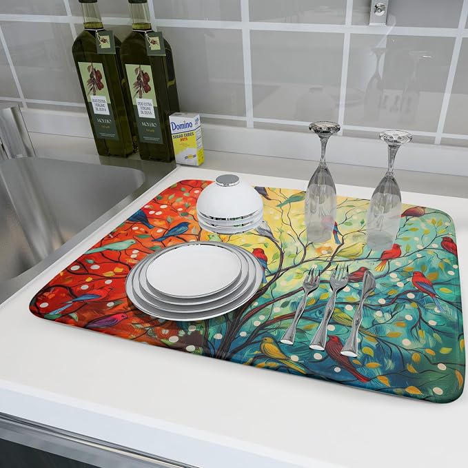 Dish Drying Mat for Kitchen Counter 18x24 Inch Summer Floral Birds Kitchen Drying Mat Fast Dry Absorbent Microfiber Dish Drainer Rack Pad Flower Mat for Countertop Decor