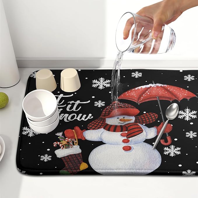 Winter Snowman Dish Drying Mat, Christmas Snow Dish Drying Mat for Kitchen Counter, Christma Cute Snowman Absorbent Fast Dry Dish Drainer Mat Protector Xmas Microfiber Dish Drying Pad 16x18 Inch