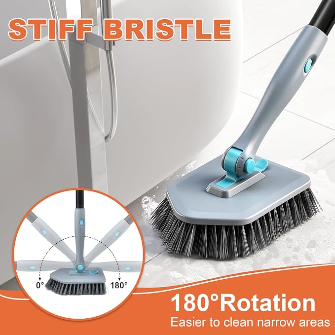 Long Handled Scrub Brush for Shower,3-in-1 Cleaning Brushes with 3 Different Function Cleaning Heads Brush for Shower Cleaning Bathroom Kitchen Walls Tub Tile (Grey)