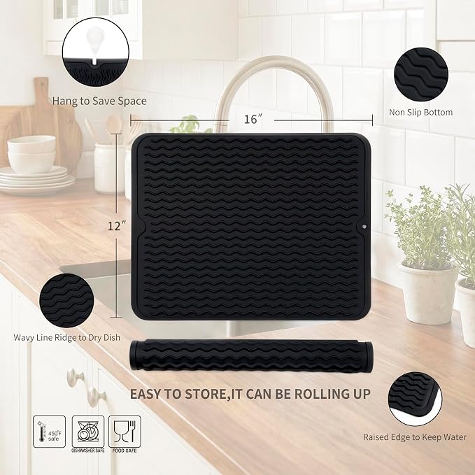 MicoYang Silicone Dish Drying Mat — Quick-Dry Ridges Counter & Sink Pad, Heat-Resistant Trivet to 450°F, Non-Slip & Dishwasher Safe, Roll-Up Storage, 18 Colors & 9 Sizes (Black, 16"×12")