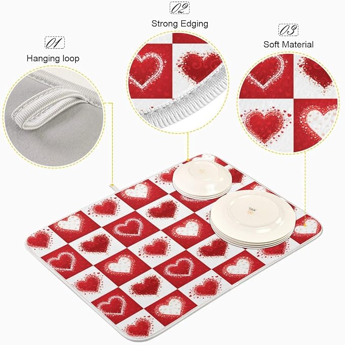 Valentine's Day Love Heart Red Buffalo Plaid Dish Drying Mat 18x24 for Kitchen Mother's Day Rose Pink Flowers Dishes Pad Dish Drainer Rack Mats Absorbent Fast Dry Kitchen Accessories
