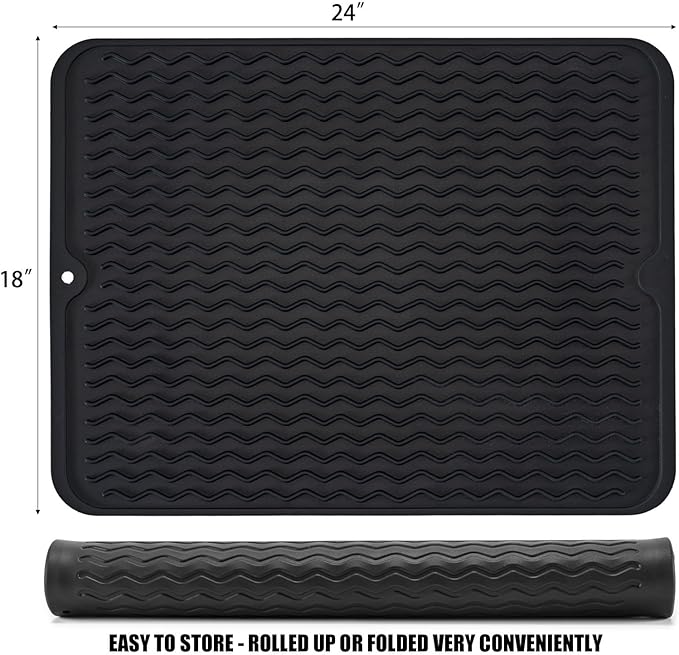 Large 24" x 18" Silicone Dish Drying Mat for Kitchen Counter, Easy clean, Quick Dry, Heat-resistant Dish Drainer Mat for Sink,Refrigerator or Drawer liner (Food Grade Silicone-Black)