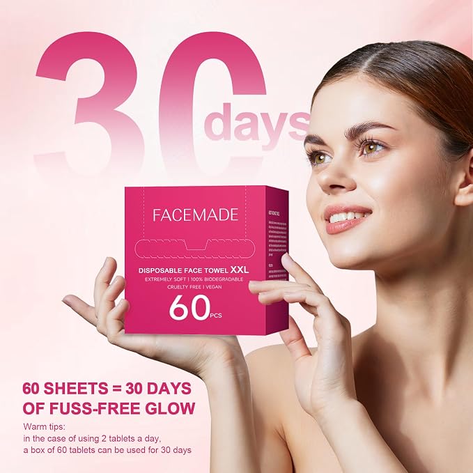 FACEMADE 60 Count XXL Disposable Face Towels 12" × 12", 100% Biobased Face Towels Disposable, Clean Facial Towels for Makeup and Clean Skin, Super Soft and Thick Dry Wipes Club