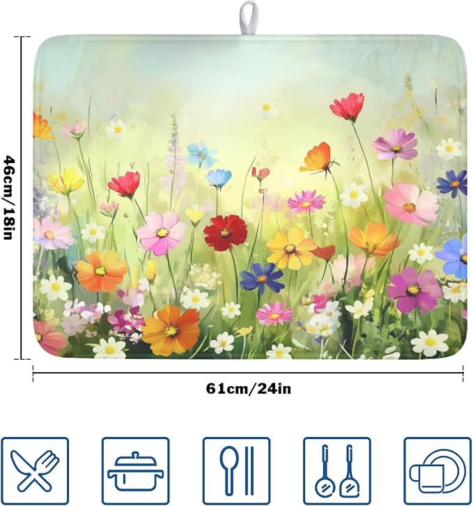 Spring Summer Daisy Dish Drying Mat 18 x 24 Inch Colourful Floral Pattern Dish Drainer Rack Mat Absorbent Microfiber Mats Holiday Dish Pad for Kitchen Coffee Dining Bar Decor