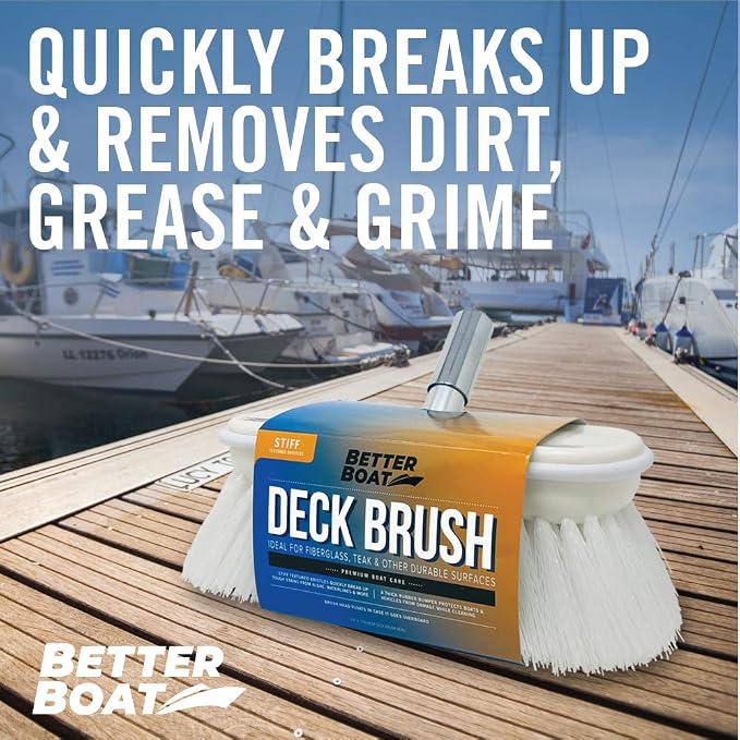 Stiff Boat Deck Brush, Heavy-Duty Marine Brush Head, 8" Firm Bristle with Bumper, 3/4" Thread Handle, for RV, Truck, and Auto Cleaning