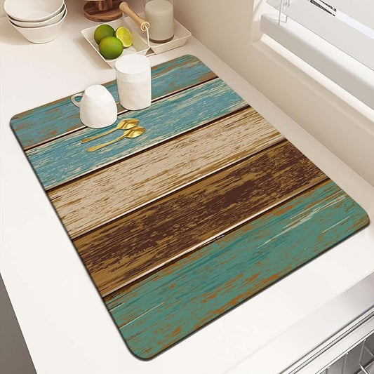 MCALK Teal Dish Drying Mat for Kitchen Counter, Wood Pattern Dish Drying Pad with Anti-Slip Rubber Base, Absorbent Kitchen Sink Mat with Farmhouse Art Decor (1 pc 18" x 16")
