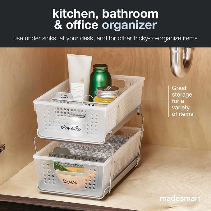 madesmart 2 Tier Bath Organizer, Undersink Storage with Sliding Drawers, for Cleaning Supplies, Pantry, Sponges, Bottles & Kitchen Essentials, Adjustable Dividers & Pull Out Sliding Baskets, Frost