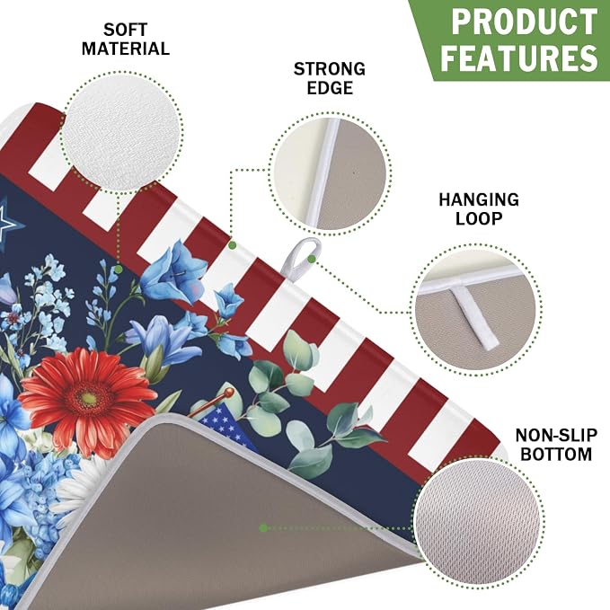 4th of July Dish Drying Mat for Kitchen Counter Patriotic Red Blue and White Floral American Flag Microfiber Dish Drainer Mat Absorbent Washable Drying Pad Extra Large 16"x18"