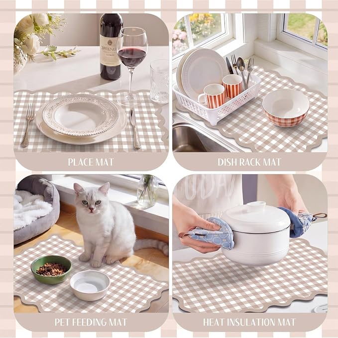 Scalloped Gingham Coffee Mat 12" x 20" Absorbent Coffee Bar Mat Gingham Espresso Matt for Counter(Brown)