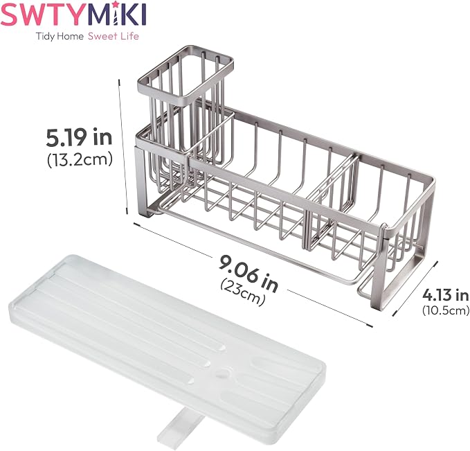 SWTYMIKI Sponge Holder for Kitchen Sink - Sink Caddy with Brush Holder Self-draining Sponge Caddy Organizer with Divider Stainless Steel Kitchen Accessories Storage for Countertop, Sand Nickel