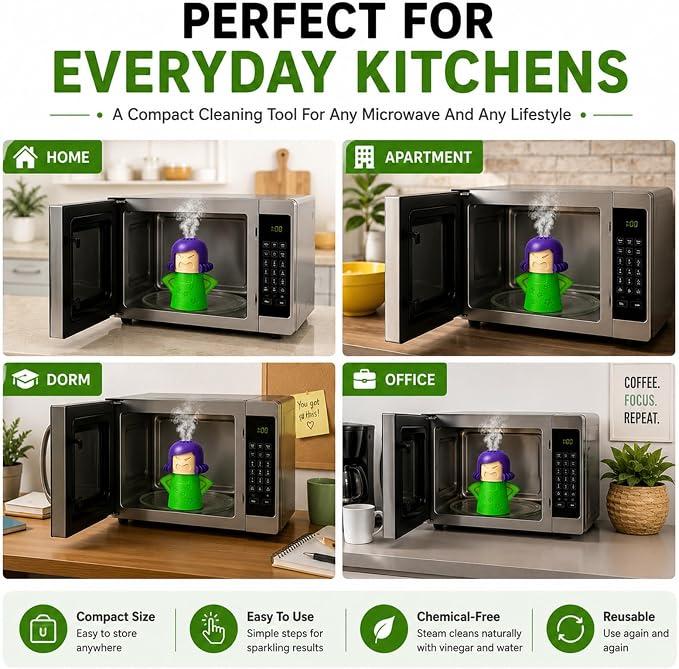 Microwave Steam Cleaner Tool, Fill with Vinegar & Water, Optional Lemon Drops, Heat 5-7 Minutes to Soften Grease & Residue, Non-Toxic Reusable Kitchen Cleaner for Microwaves (Green)