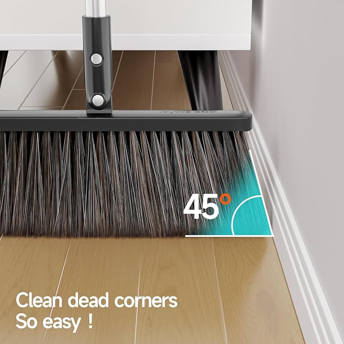 CTIME Broom and Dustpan Set, Adjustable with Dust Pan Teeth | 52" Long Handle Standing Dustpan Set , Extra Brush Head for Home Kitchen Office Lobby