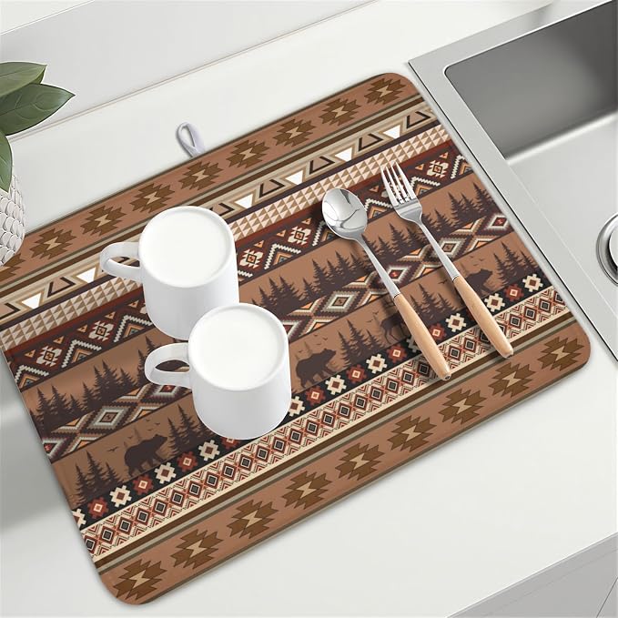 Giwawa Rustic Bear Deer Dish Drying Mat Boho Ethnic Drainer Rack Pad 18x24 Inch Microfiber Absorbent Dish Sink Mat for Counter Kitchen Tableware