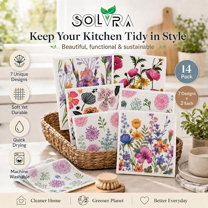 14 PCS Flower Print Swedish Dishcloths for Kitchen 100% Biodegradable, Reusable Cellulose Sponge Cloths Ultra Absorbent, Eco Friendly Cleaning Towels Dishcloths for Washing Dishes & General Cleaning