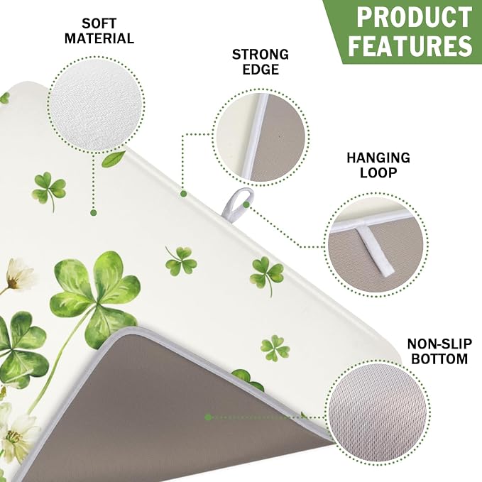 St Patrick's Day Green Clover Dish Drying Mat 16x18 Inch | Shamrock，Polyester，Absorbent Microfiber，for Kitchen Coffee Dining Bar Decor
