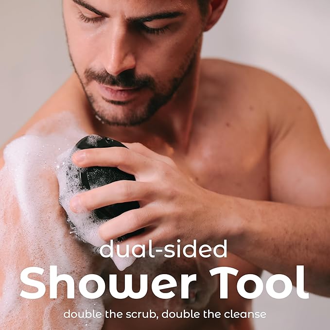 MainBasics Shower Tool Duo 2-1 Shower Loofah Sponge and Exfoliating Body Scrubber (2 Pack, Black)