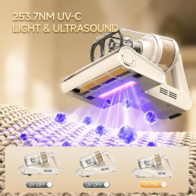 FEPPO Corded Mattress Vacuum Cleaner, 16KPa Handheld Vacuums with 253.7nm UV-C Light, 40,000 Beats/Min Tapping, 140°F Hot Air