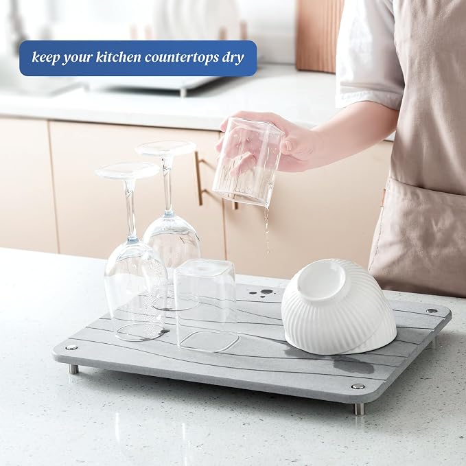 Stone Drying Mat for Kitchen Counter, Diatomaceous Dish Drying Mats Superb Absorbent with Non-Slip Stainless Steel Feet for Dishes, Bottles and more, 15.7"(L)×11.8"(W), Light Grey Square
