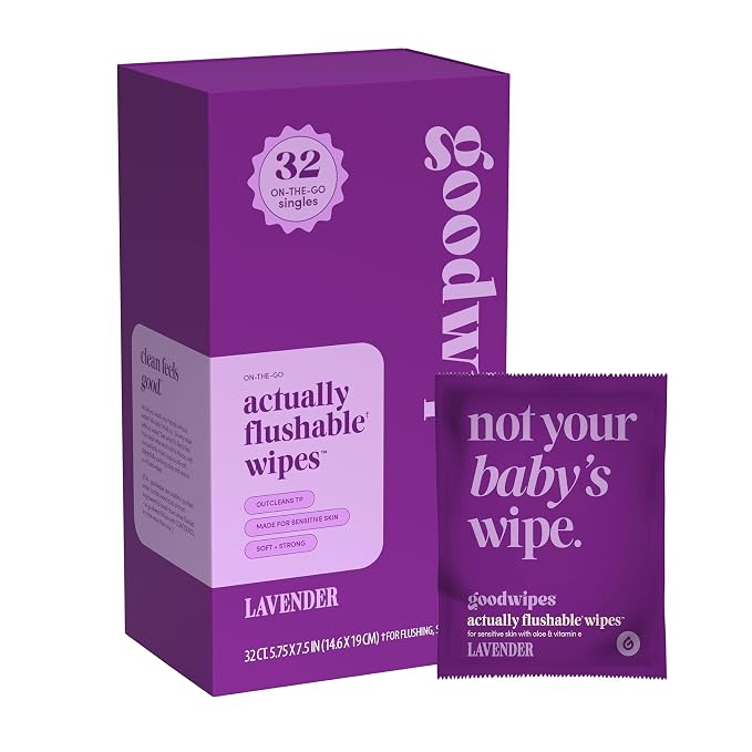 goodwipes Flushable Wipes for Women - Lavender Individually Wrapped Travel Butt Wipes To Go, Mini Purse & Festival Essentials for Adults, pH Balanced for Feminine Hygiene, 32 Count (1 Pack)