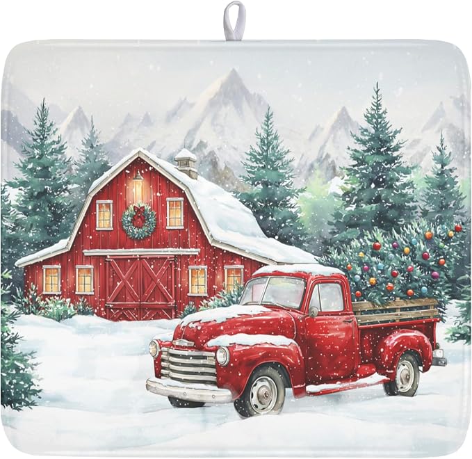 Winter Snowscape Dish Drying Mat for Kitchen Counter Christmas Red Truck Trees Dish Drainer Mat Xmas Holiday Rustic Farmhouse Absorbent Washable Drying Pad 16"x18"