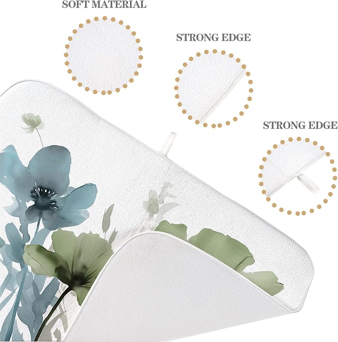 Blue Sage Green Dish Drying Mats 18x24 Inch Mats Vintage Floral Spring Drying Mats Summer Watercolor Flower Decor Seasonal Absorbent Drying Dish Mats for Kitchen Dining Room Counter Decorations