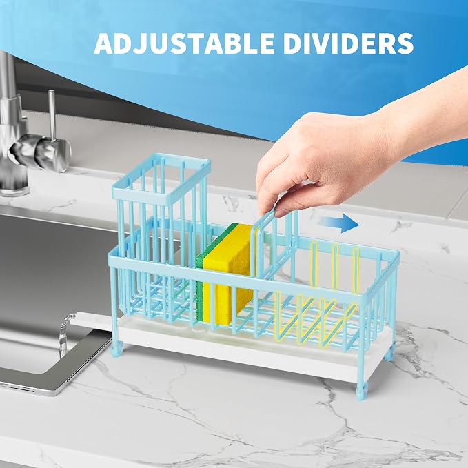 Cisily Sponge Holder for Kitchen Sink, Sink Caddy Organizer with High Brush Holder, Kitchen Countertop Organizers and Storage Essentials, Rustproof 304 Stainless Steel (Blue, 9.25″)