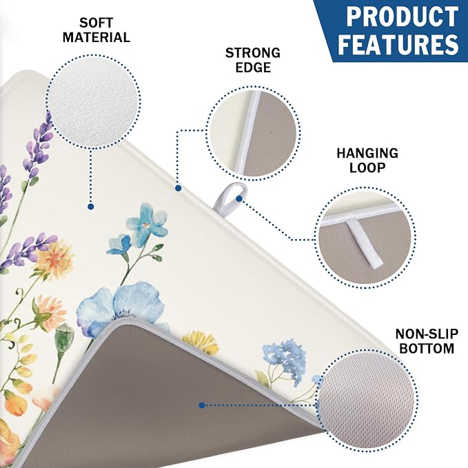 Botanical Floral Dish Drying Mat for Kitchen Counter 18x24 Inch | Wildflower，Polyester，Absorbent Microfiber，for Kitchen Coffee Dining Bar Decor