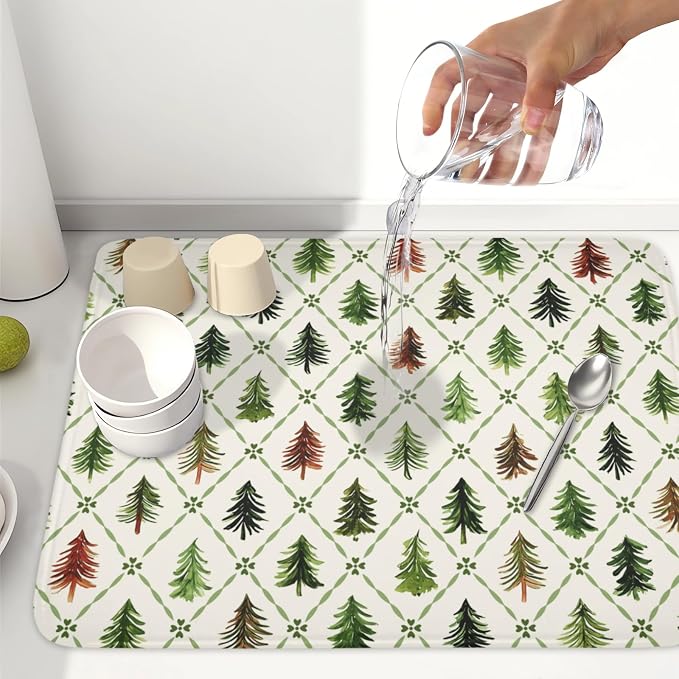 Christmas Dish Drying Mat for Kitchen Counter Xmas Theme Green Trees Dish Drainer Mat Rustic Farmhouse Winter Holiday Absorbent Washable Drying Pad 18"x24"