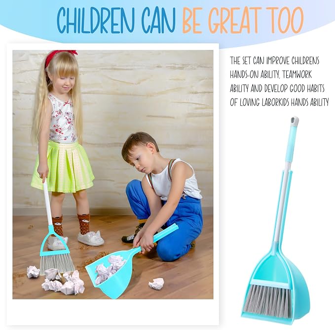 Roshtia 2 Pcs Mini Broom with Dustpan for Kids Broom and Dustpan Set Toddler Cleaning Set Boys Girls Small Cleaning for Kitchen Bathroom Pet (Blue,Red)