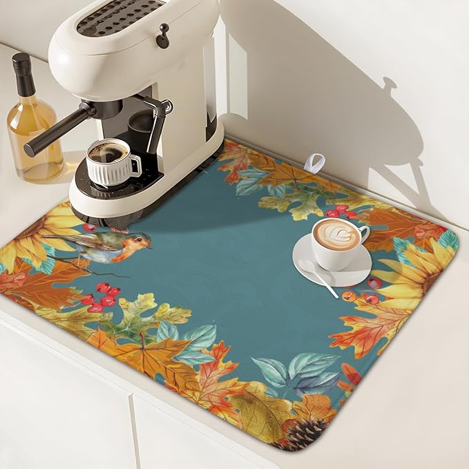 Fall Sunflower Dish Drying Mat for Kitchen Counter 16 x 18 Inch Autumn Orange Leaf Dish Drainer Mat Absorbent Microfiber Thanksgiving Harvest Dish Rack Pad for Coffee Dining Bar Decor