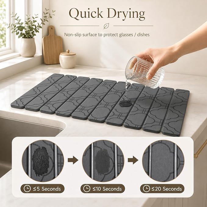 Large Stone Dish Drying Mat for Kitchen Counter, 2PCS Quick Dry Stone Dishes Mat, Foldable Water Absorbing Diatomaceous Drying Organizer Pad for Plates Rack Bottles Utensils(Clover, 24"×16" & 8"x4")
