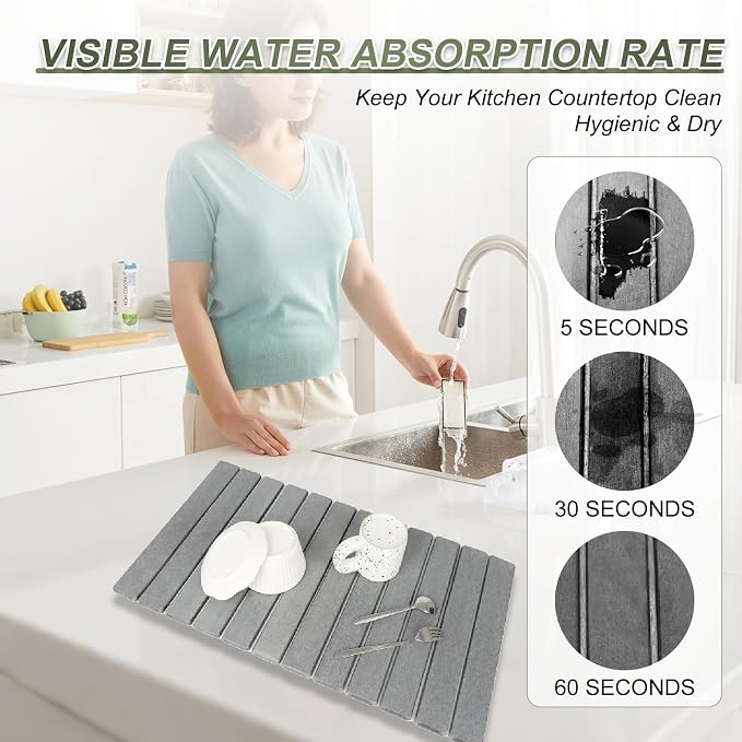 Dish Drying Mat Large Stone Dish Drying Mat For Kitchen Counter Collapsible Quick-Drying Sleek Diatomaceous Versatile Stone Drying Mats For Cups Dishes Bottles Marble (black, 16''X24'')