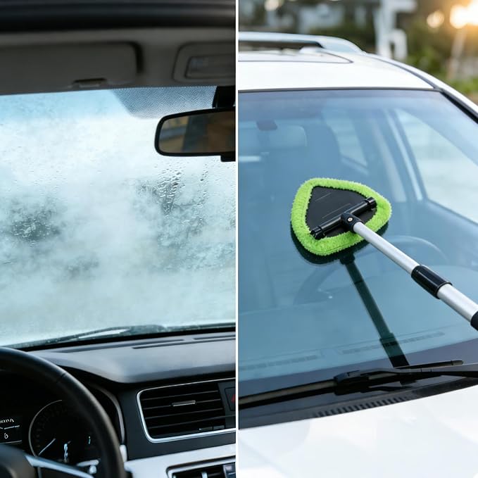 Microfiber Car Windshield Cleaning Tool with Extendable Handle,Car Defogging Glass Cleaning Brush with 4 Reusable Microfiber Pads 1 Spray Bottle and 1 Car Dust Removal Brush. (Green)