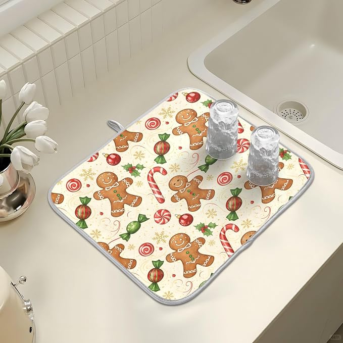 Christmas Gingerbread Cookie Man Sugar Dish Drying Mat for Kitchen Counter Absorbent Microfiber Small Drying Pad Dish Mats for Kitchen Countertops 16 x 18 Inch