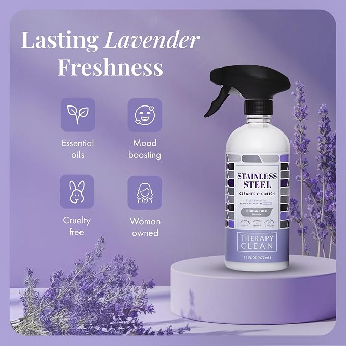 Therapy Stainless Steel Cleaner and Polish, Lavender Scent, Sink Cleaner | 100% USDA Biobased. Removes fingerprints & residue. Safe for sinks, grills & appliances. Lavender essential oil scent.