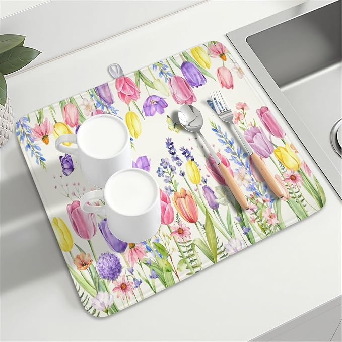 Spring Floral Dish Drying Mat for Kitchen Counter Easter Tulip Lavender Flower Microfiber Dish Drainer Mat Rustic Farmhouse Absorbent Washable Drying Pad 16"x18"