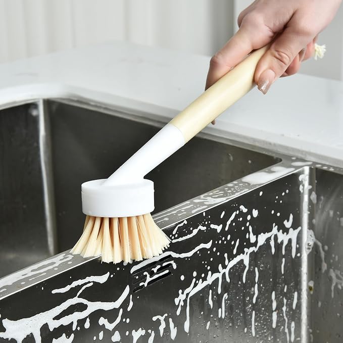 ALINK Dish Brush with Handle and 3 Replacement Heads, Pot and Pan Cleaning Scrub Brush for Kitchen, Sink, Stove, Cast Iron Scrubber